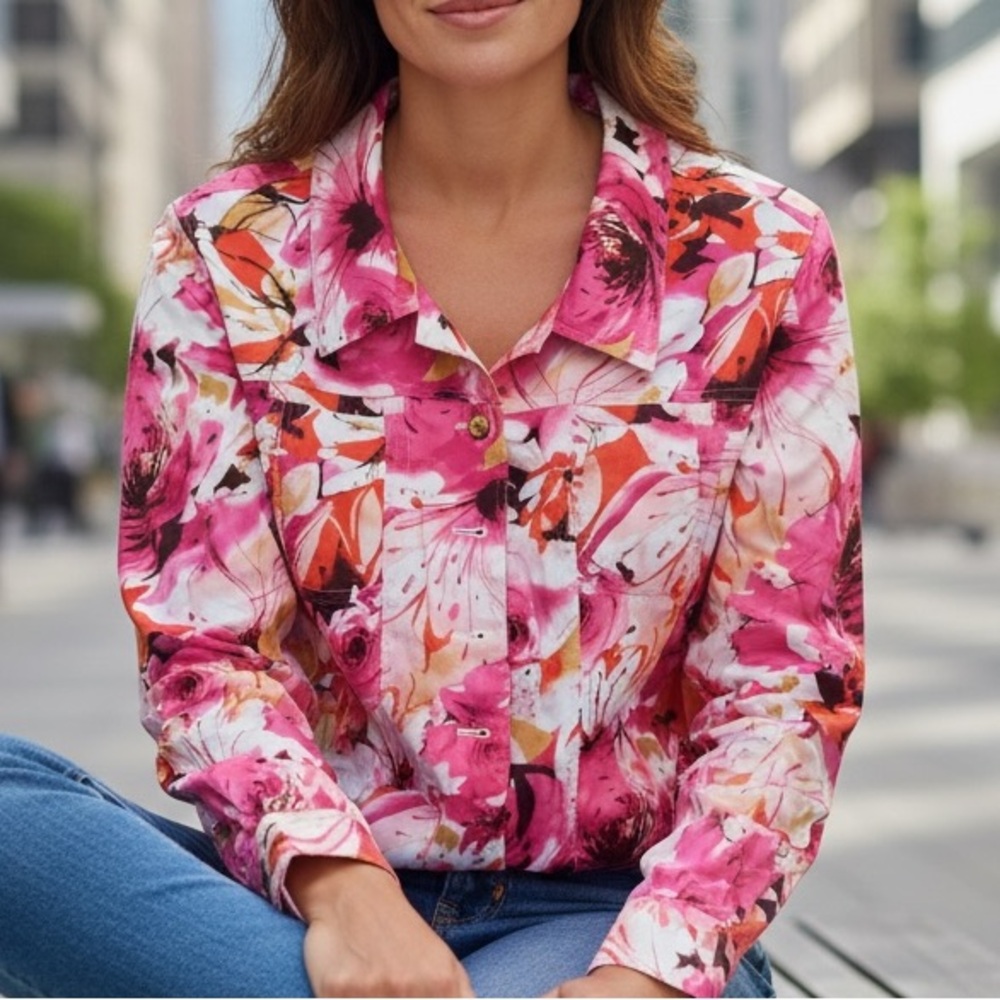 Laura Ashley Pink Orange black on white Floral Jean Jacket size 2X
